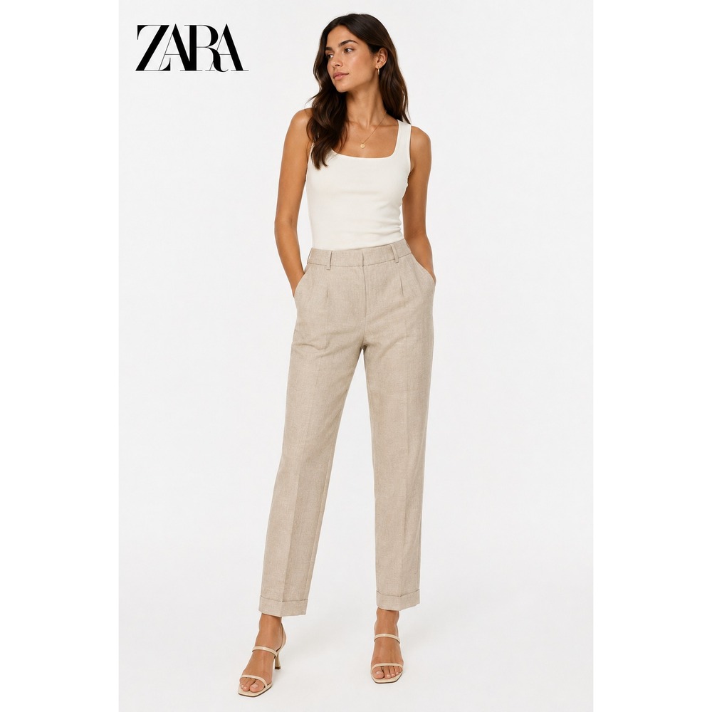 Zara Basic Pants Women's Size 2 Khaki/tan 100% Linen